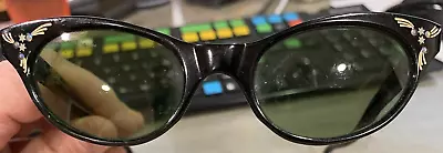 FRENCH Vintage 1950s Cats Eye Sunglasses Black W/Cream Stars/design • $13.50