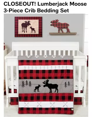 NEW Woodsy Mama Baby Moose Woods RED GRAY 3Piece Crib Bedding Set • $150