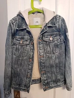 Boys New River Island Blue Denim Jacket With Detachable Hood. For Aged 7-8 Years • £15