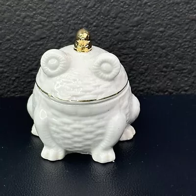 White Porcelain FROG Vintage Trinket Box With Gold Accents Bird 3  X 3  • $59.99