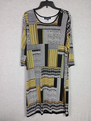 Mlle Gabrielle Dress Women 2X Black White Yellow Geometric Long Sleev • $14.99