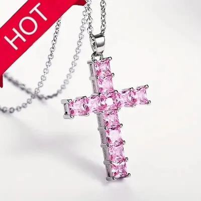 New Women Pink Zircon Cross Necklace Classic Vintage Pendant Silver Plated Gift • $12.98