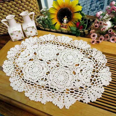 White Vintage Hand Crochet Cotton Lace Doilies Oval Table Runner Mats 30x45cm • £5.99