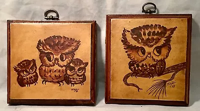 Lot Of 2 Small Vintage MCM Owl Paintings Wooden Plaques Wall Art Signed Thayer • $14.99