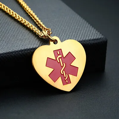 Men Women Medical Alert ID Necklace Pendant Heart Free Customized Engraving • $2.99