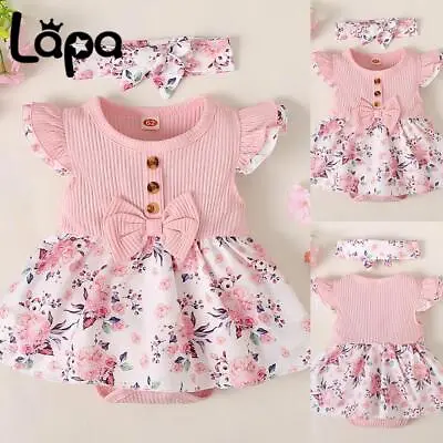 2PCS Newborn Baby Girls Floral Ruffle Romper Dresses+Headband Outfit Set Clothes • £2.59