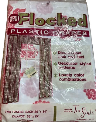 Vintage Flocked White & Pink Floral Curtains & Valance Plastic NOS • $8.44