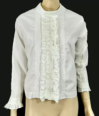 Vintage 50s 60s Button Back White Ruffle Blouse Cotton Blend Donnkenny L/XL • $34.99