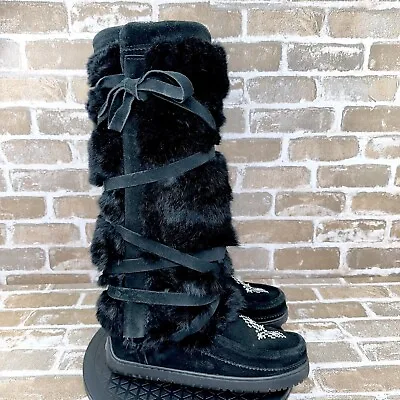 Manitobah Tall Wrap Mukluks Fur Lace Up Winter Boots Black Women’s Size 7 • $199.99