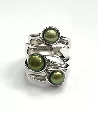 Nwot Hagit Gorali Sterling Silver 925 Three Green Pearls Ring Sz 5 Israel Hg • $74