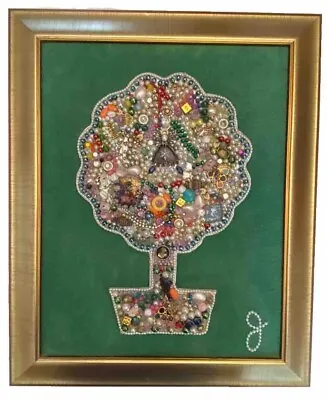 Vintage Framed Jewelry Art Tree Picture Rhinestones Earring Broaches Handmade • $63.99