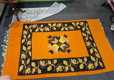 $219.99 • Buy Vintage Mexican Rug Zapotec 84 By 51 Handmade Orange Latin American Floral 