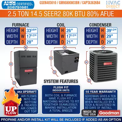 Goodman 2.5 Ton 14.5 SEER2 80% 80K BTU NG/LP Gas Furnace & AC Split System Kit • $3442