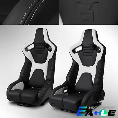 Reclinable Universal PVC Black+White Sport Racing Seats Pair With Slider • $408.98