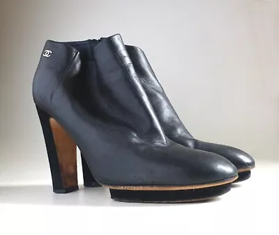 Chanel Black Leather Short Ankle Boots. CC Logo Platform Heels 37 Italy Used • £120