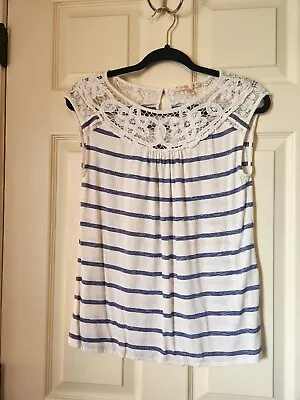 Skies Are Blue Lace Collar Striped Short Sleeve Keyhole Back Knit Top Sz XS • £9.73