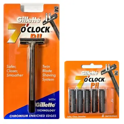 Gillette 7 O'clock Men's Razor Safer Handle Clean Shaving Razor With 5 Cartridge • £16.58