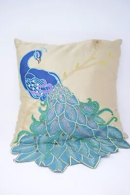 Vintage Peacock Throw Pillow THRO By Marlo Lorenz Embroidered Sequin 15x15 Inch • $29.95
