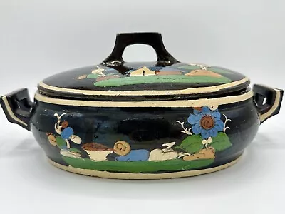 Vintage 1930s Black Mexican Tlaquepaque  Pottery Hand-Painted Casserole Marked • $115