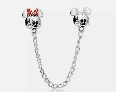 Silver Mickey & Minnie Mouse European Safety Chain Dangle Charm Bead! • $13.90