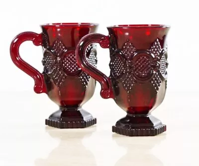 Avon Cape Cod Ornate Dark Ruby Red Glass Footed Coffee Mugs 5   Set Of (2) • $24.99