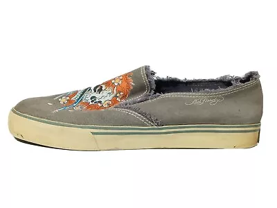 Ed Hardy Men's Lowrise Stencil Slip On Shoe Gray Denim Ginger Skull Size 12 Good • $50