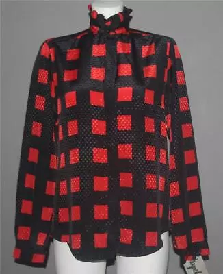 VTG Shapely Red Black Squares Buffalo Plaid Ruffle Collar Blouse Wm's 14 NWT NOS • $23.99