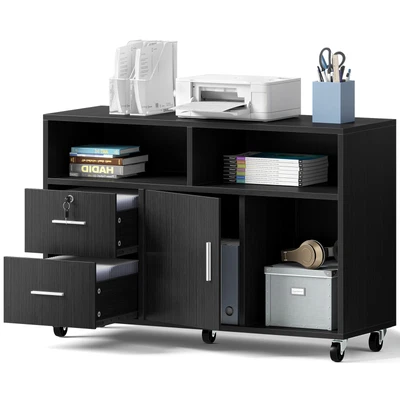 $92.14 • Buy 2 Drawer Lateral File Cabinet Printer Stand With Lock & Open Storage Shelves