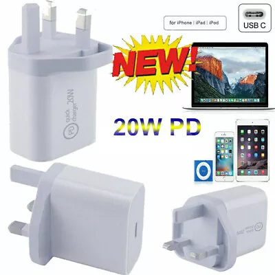 UK Plug PD 20W USB-C Type C Fast Wall Charger Adapter For IPad IPhone • £4.09