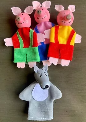 Set/4 The Three Little Pigs And Bad Wolf Hand Painted Wood Cloth Finger Puppets • $9.99