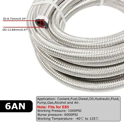 6AN 3/8  Fuel Line Hose Braided Stainless Steel Oil Gas CPE Silver 10FT/20FT • $30.88