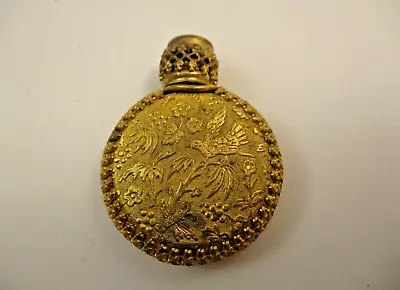 Vintage Mini Perfume Bottle Gold Metal Encased Glass Ornate Etched Birds Floral • $39.99