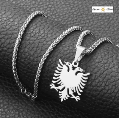 Men’s Classic Silver Plated Albanian Eagle Pendant Necklace Coat Of Arms • £14.49