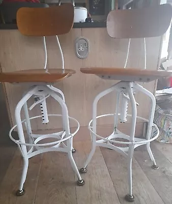 2 X White Bar Stools Chair Height Adjustable And Swivel With Natural Wood Top • £180