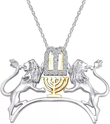 1/5 Ct Lab Created Moissanite Menorah & Lion Pendant Necklace Sterling Silver • $120.17