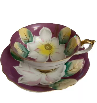 Vintage Ucagco Japan Porcelain Purple And Gold Floral 2  Cup & Saucer Set 1950s • $25.99