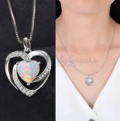 925 Sterling Silver Opal Heart Pendant Chain Necklace Womens Jewellery New Gift • £3.99