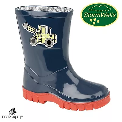 Stormwells Boys Navy Blue Digger Kids Wellington Boots Childrens Wellies Infants • £10.95