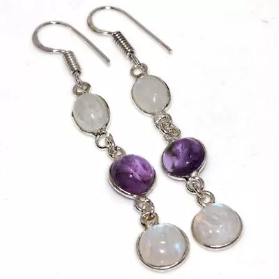 Amethyst Rainbow Moonstone 925 Silver Plated Long Earrings 2.5  Women Gifts GW • $3.99