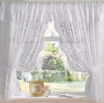 Andrea Lace Floral Net Curtain Kitchen Window Sets White 17 Sizes • £23.69