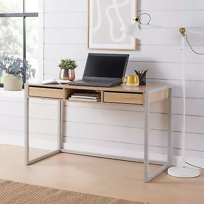 Office Desk Sonoma Oak Workstation 2 Drawer Shelf Storage PC Grey Metal Legs • £89.99