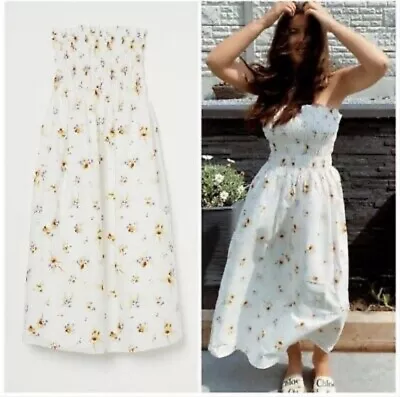 H&M Smocked Bandeau Dress White Large Flowers A Meadow Of Wildflowers Collection • $17.50