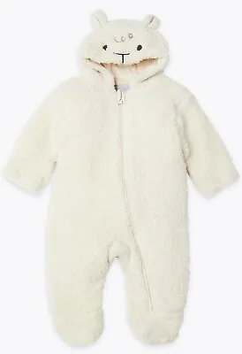 Ex M&S Baby Girls Boys Unisex Cream Lamb Snowsuit All In One Pramsuit  NB - 12  • £14.99