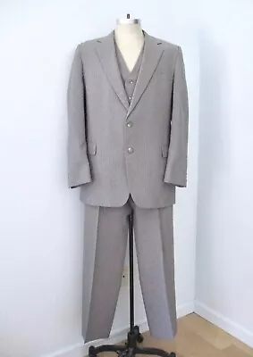 Vtg 70s Haggar Gray Pinstripe Polyester 3-Pc Gangster Banker Disco Pimp Suit 44L • $75