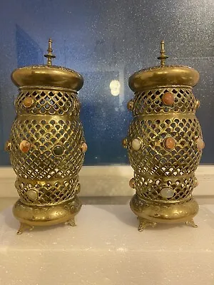 Antique Pierced Brass Moroccan Carnelian Jewel Hand Chased Candle Lanterns 14”H • $895