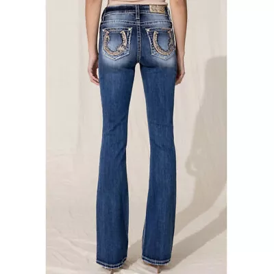 MISS ME Women's Mid-Rise Wild Horseshoe Dark Blue Bootcut Jean (M3956B) • $69