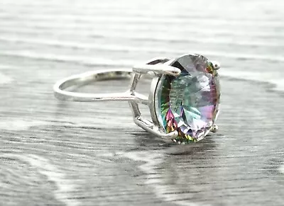 Sterling Silver Thin Ring With Glass Mystic Topaz Stone Size 6.75 • $21.25