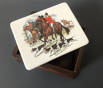 Vintage Wood Box With Porcelain Lid English Hunting Scene Horses Hounds Fox Hunt • $39.99
