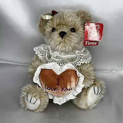 Fiesta Bear Plush Heart I Love You Stuffed Animal Jointed Tan Small Lace Collar • $25