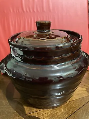 Marcrest BEAN POT Stoneware Daisy Dot Brown Glazed Oven Proof Crock With Lid USA • $21.99